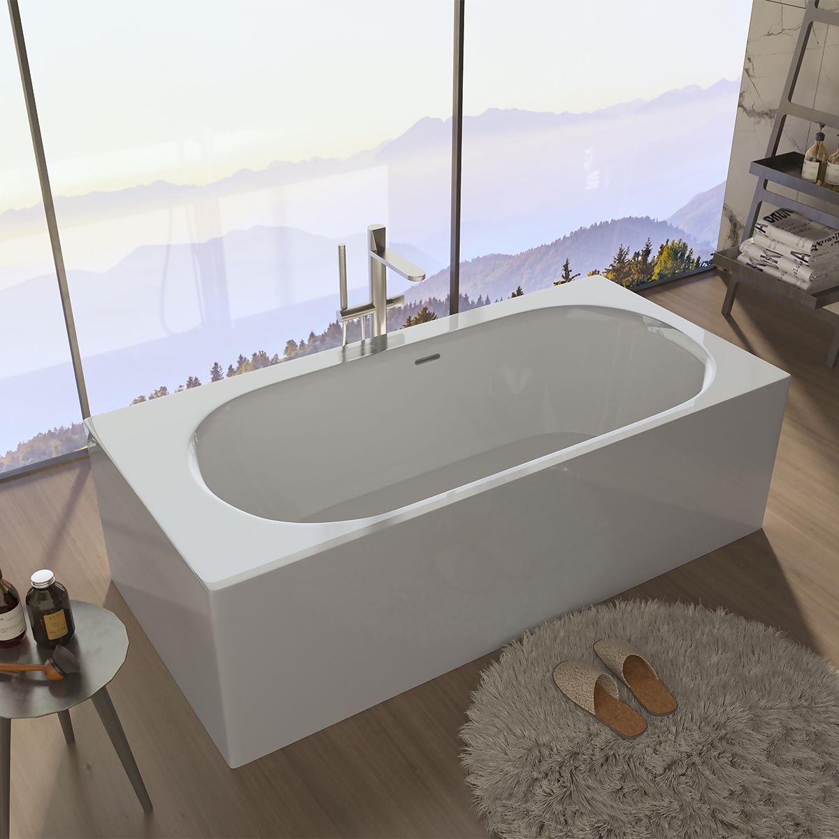 Freistehende Badewanne, Mineralkomposit, inklusive Ventil, glänzend Weiß, 180x86 cm, Anda