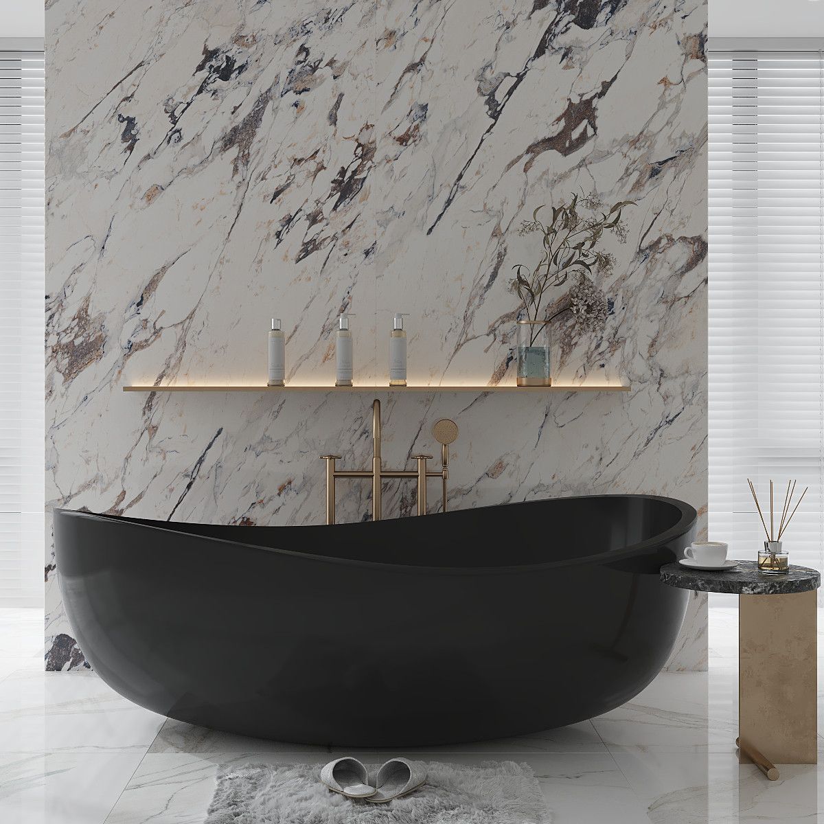 Freistehende Badewanne, Mineralkomposit, inklusive schwarzem Ablaufventil, Mattschwarz, 180x109 cm, Lirio