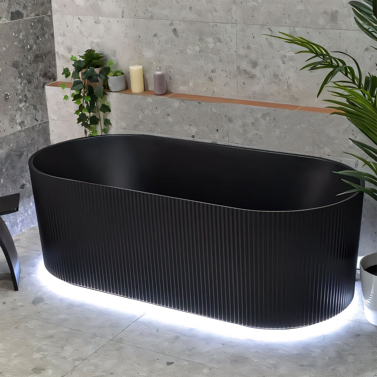 Freistehende Badewanne, LED-Beleuchtung, Bewegungssensor, Acryl, inklusive Ablaufventil, glänzend Schwarz, 170x80 cm, Eliza