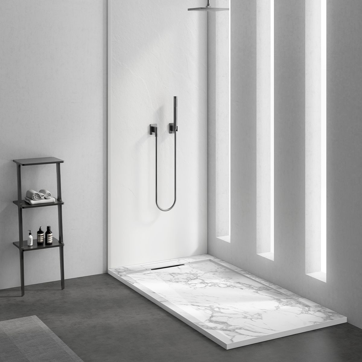 Duschwanne, Weiß, Carrara Arabescato Finish, Mineralkomposit, Höhe 2,5 cm, Maße 100-160x80-90 cm, zuschneidbar, Antonio