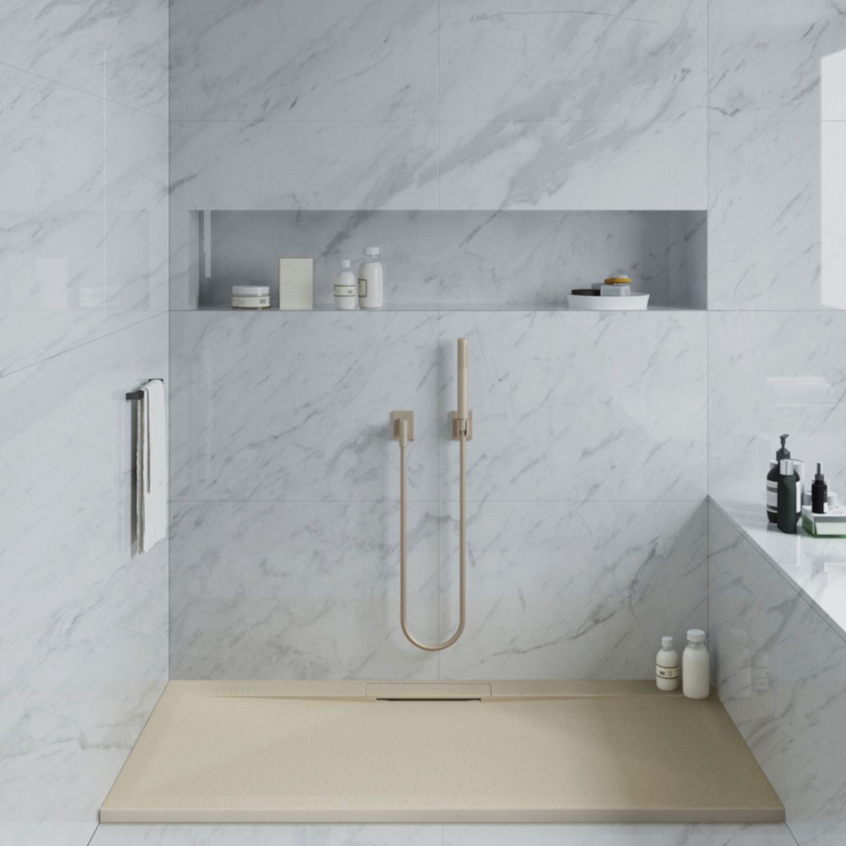 Duschwanne, Mineralkomposit, 100,120 x 80 cm, Höhe 2,5 cm, verdeckter Ablauf, zuschneidbar, Creme, Santiago