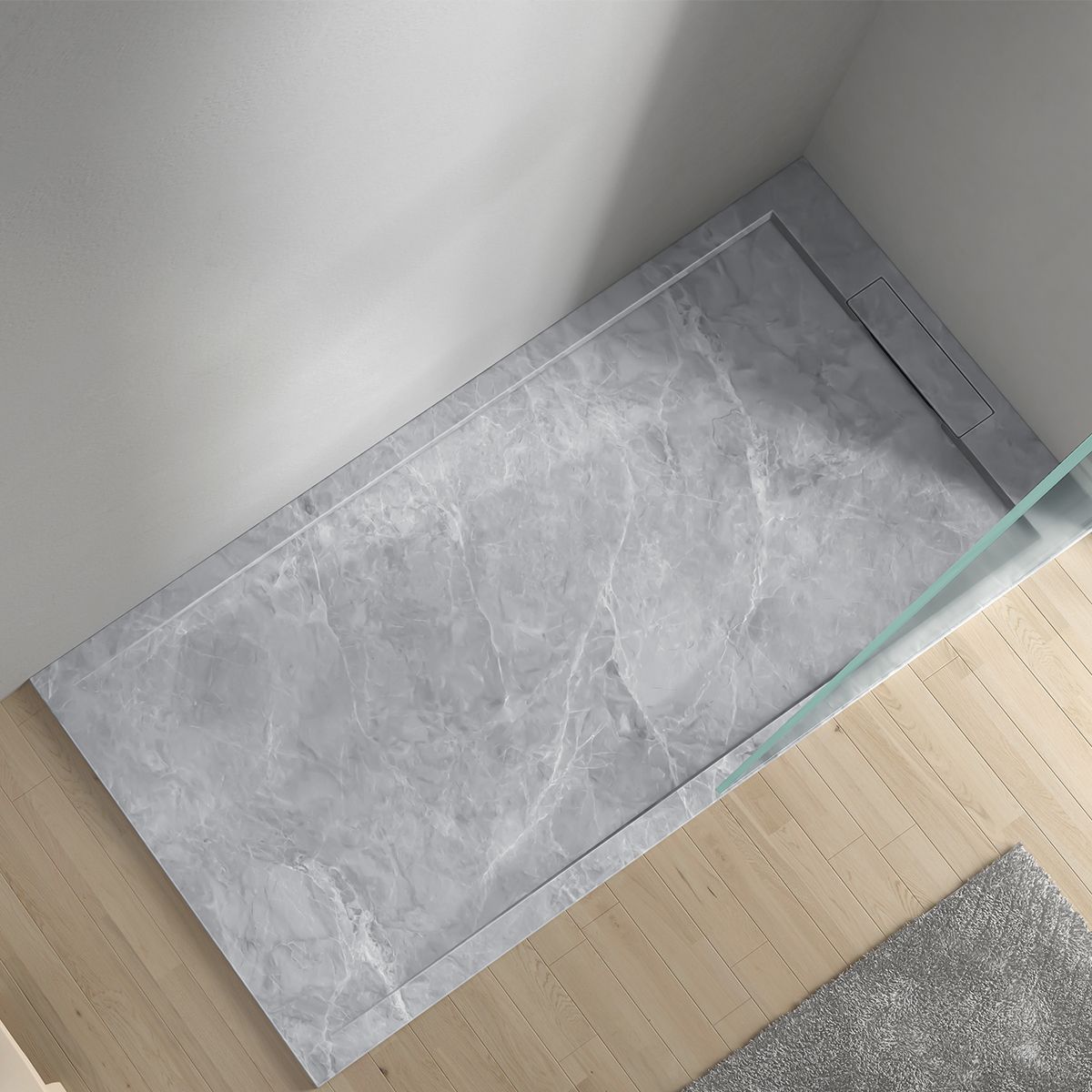 Duschwanne, Grau Pietra, matte Marmor-Oberfläche, Mineralkomposit, Maße 100-160x80-90 cm, zuschneidbar, Antonio