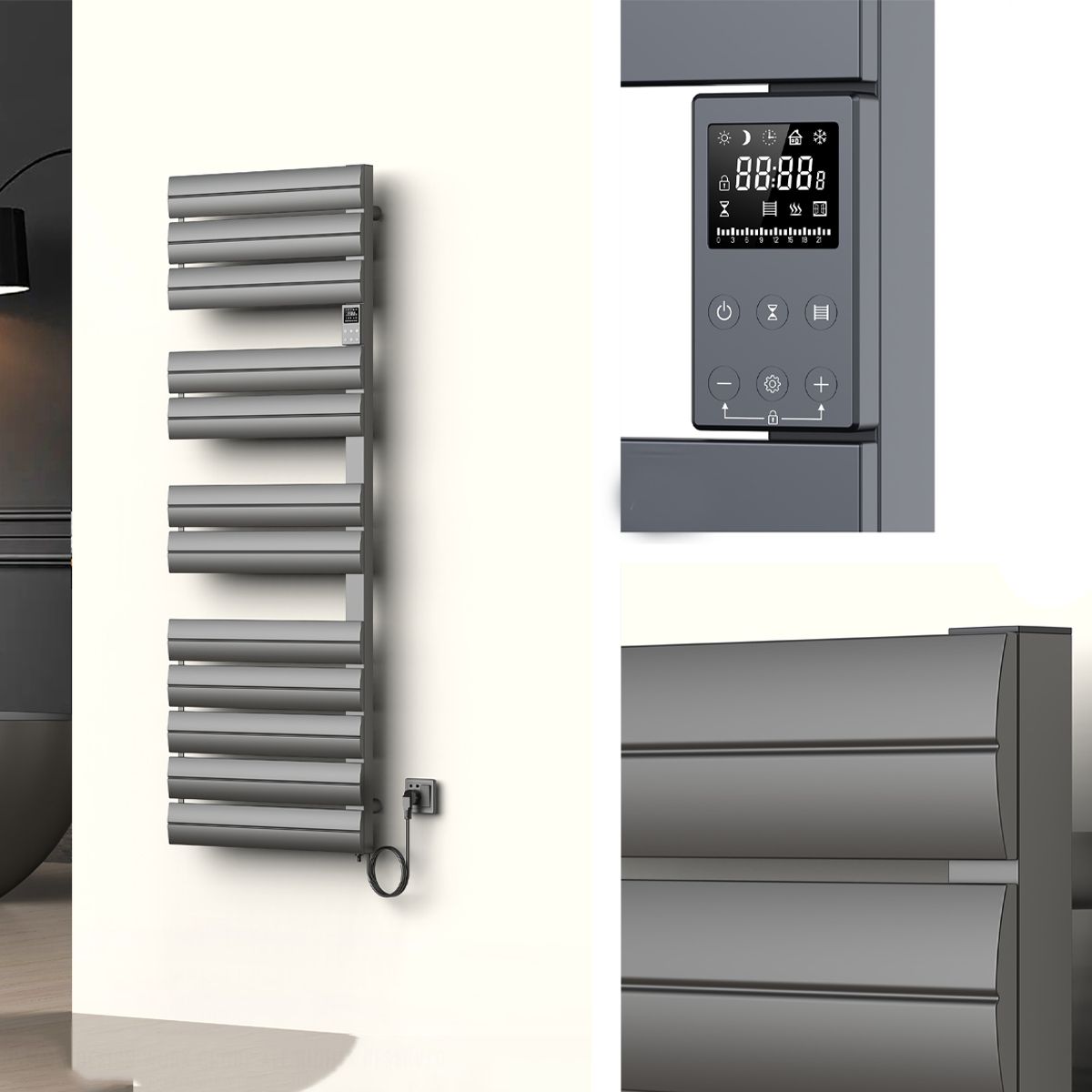 Handtuchheizkörper, 500 W, 230 V, Anthrazit, 3 Stufen, Digitalthermostat, 6 Programme, 8 Elemente, 105x55 cm, Reina