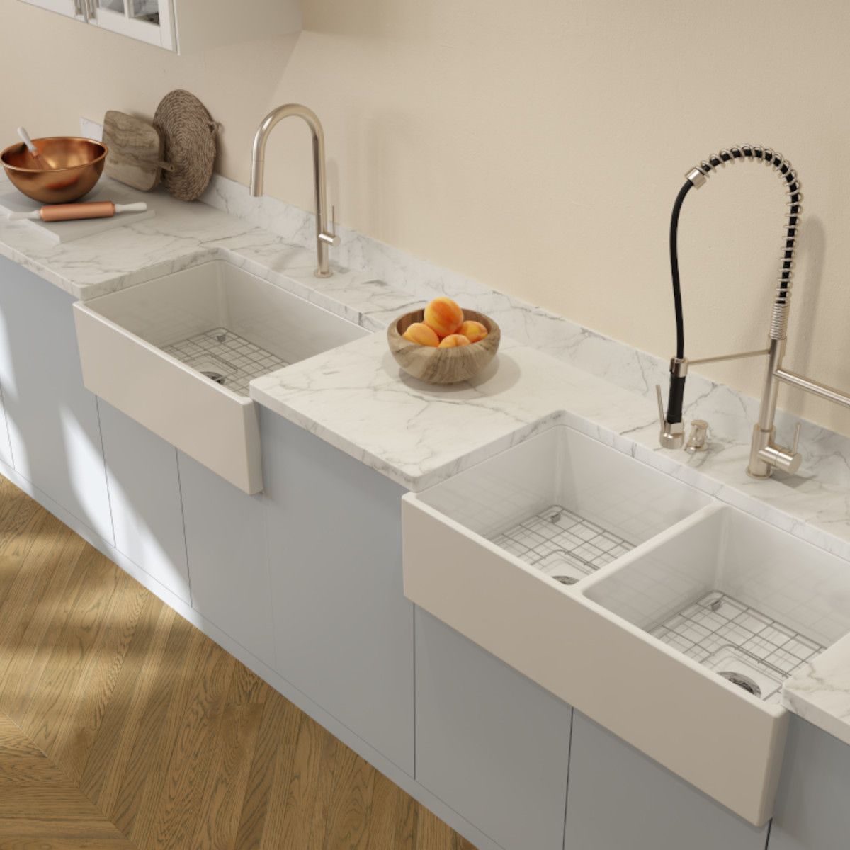 Doppel-Küchenspüle, Frontschürze, offen, Farmouse-Stil, Einbau, 91x48 cm, Glänzend Weiß, Royalty Line by Ego, Nikos