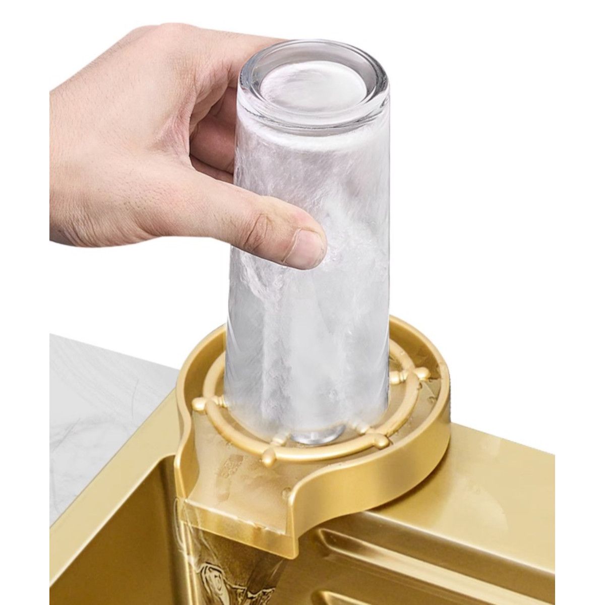 Küchenspülenstation, Gläserspüler, Armatur, Seifenspender, Edelstahl, Gebürstetes Gold, 80x45 cm, Zeno