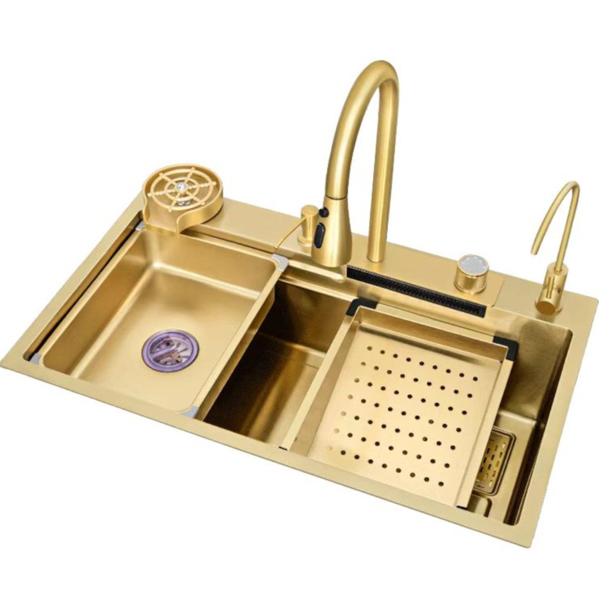 Küchenspülenstation, Gläserspüler, Armatur, Seifenspender, Edelstahl, Gebürstetes Gold, 80x45 cm, Zeno