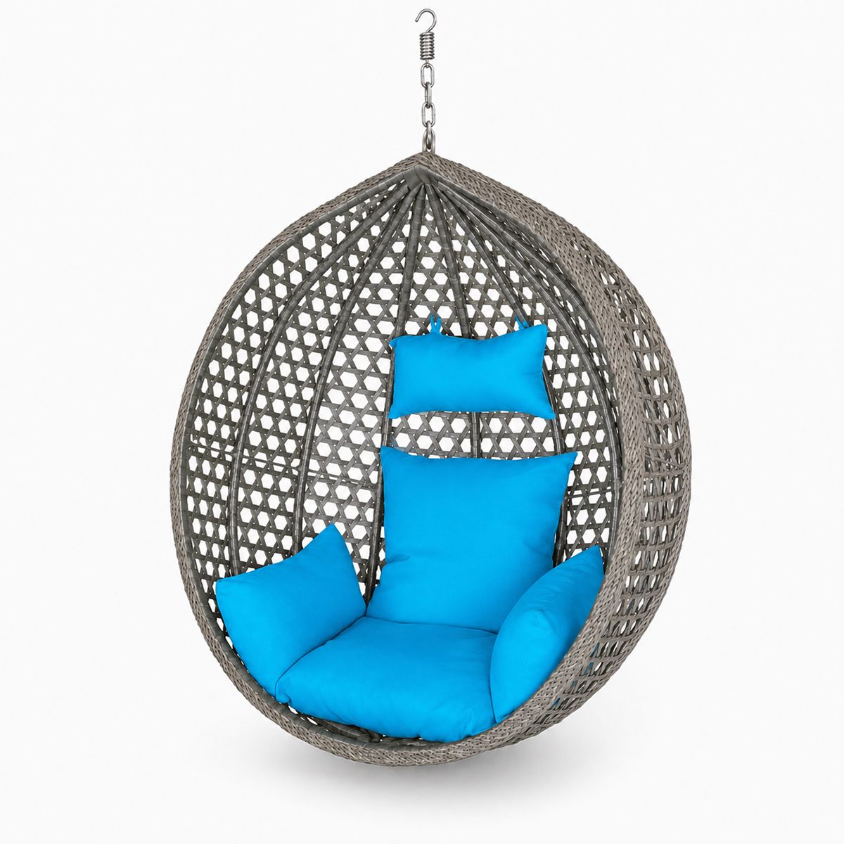 Korb, Hängesessel, Garten, Terrasse, Hof, Wohnzimmer, synthetisches Rattan, Grau, inklusive blauer Kissen und Kette, 109 x 65 x 113 cm
