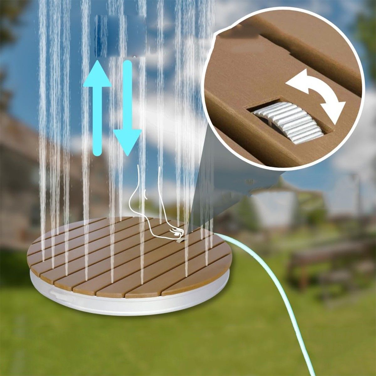 Mobile Bodendusche für Garten und Camping, höhenverstellbar bis 4 m, WPC und Aluminium, Durchmesser 70 cm, Sole