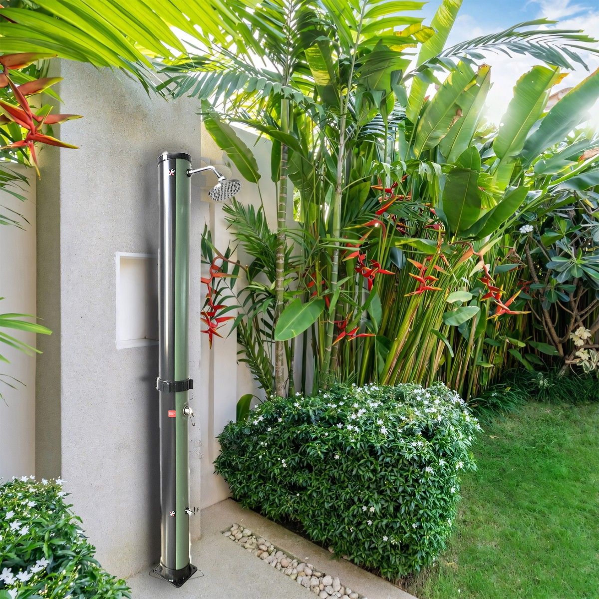 Solar-Dusche für Garten und Pool, 38 Liter, Fußdusche, Regenduschkopf 15 cm, Schwarz und Grün, Valencia