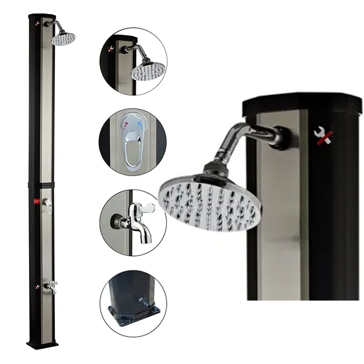 Solar-Dusche für Garten und Pool, 35 Liter, Fußdusche, Regenduschkopf, PVC+ABS, Schwarz, Matt Nickel, Cadiz