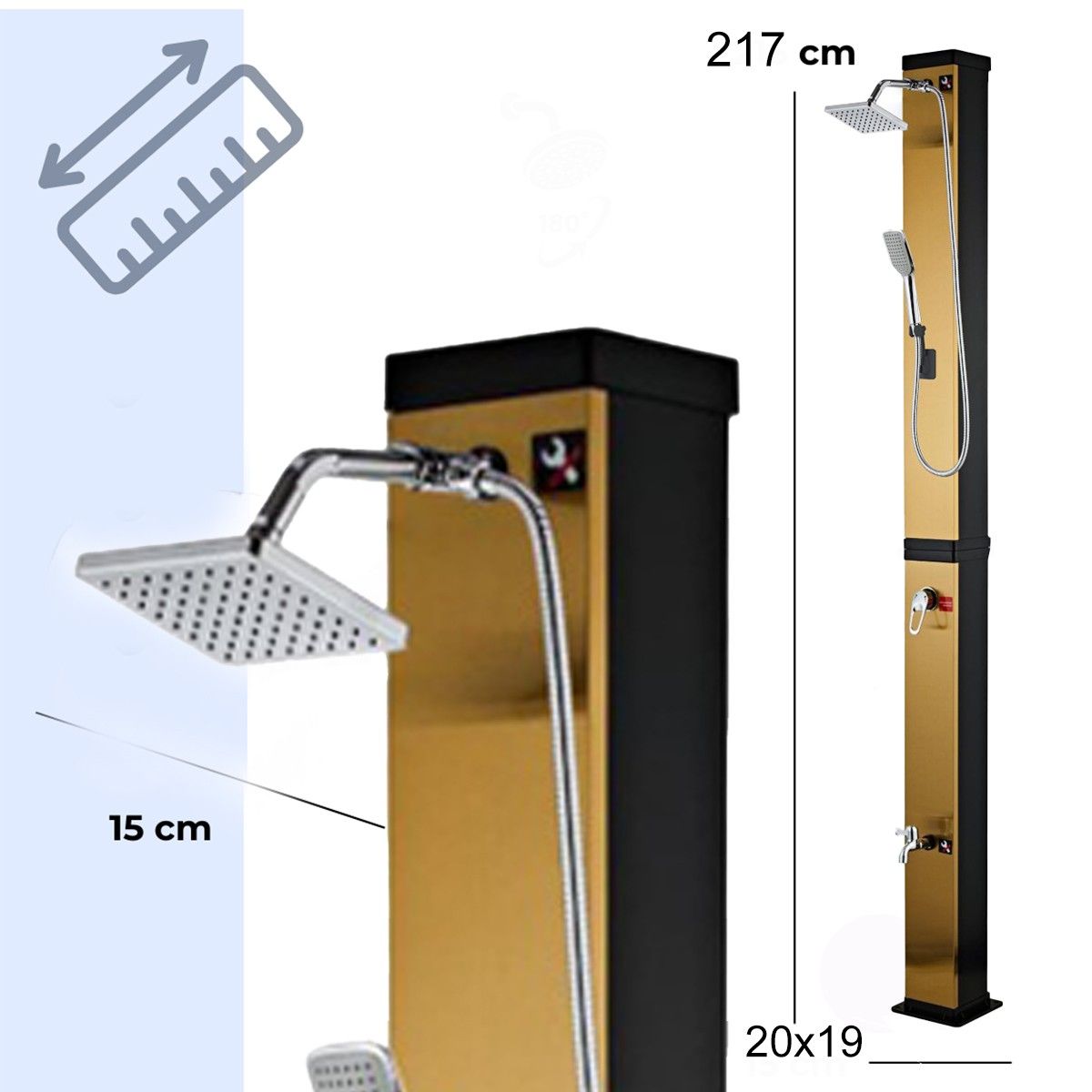 Solardusche für den Garten, 40 Liter, Fußdusche, Handbrause, Regenduschkopf 15 cm, Gold und Schwarz, Malaga