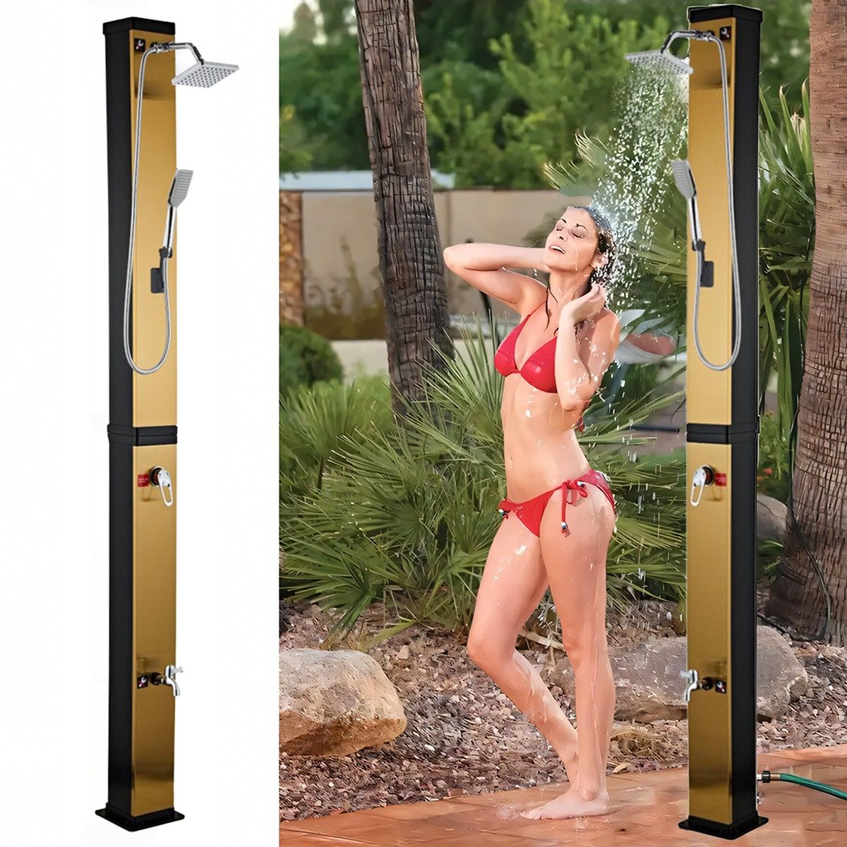 Solardusche für den Garten, 40 Liter, Fußdusche, Handbrause, Regenduschkopf 15 cm, Gold und Schwarz, Malaga
