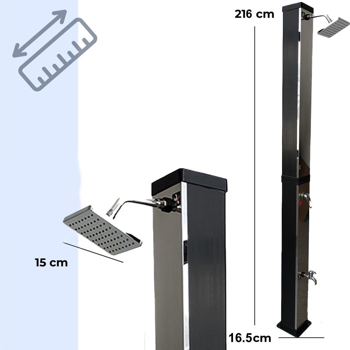 Solardusche für Garten und Pool, 35 Liter Fassungsvermögen, Regenduschkopf 15 cm, Schwarz-Spiegel, Luce
