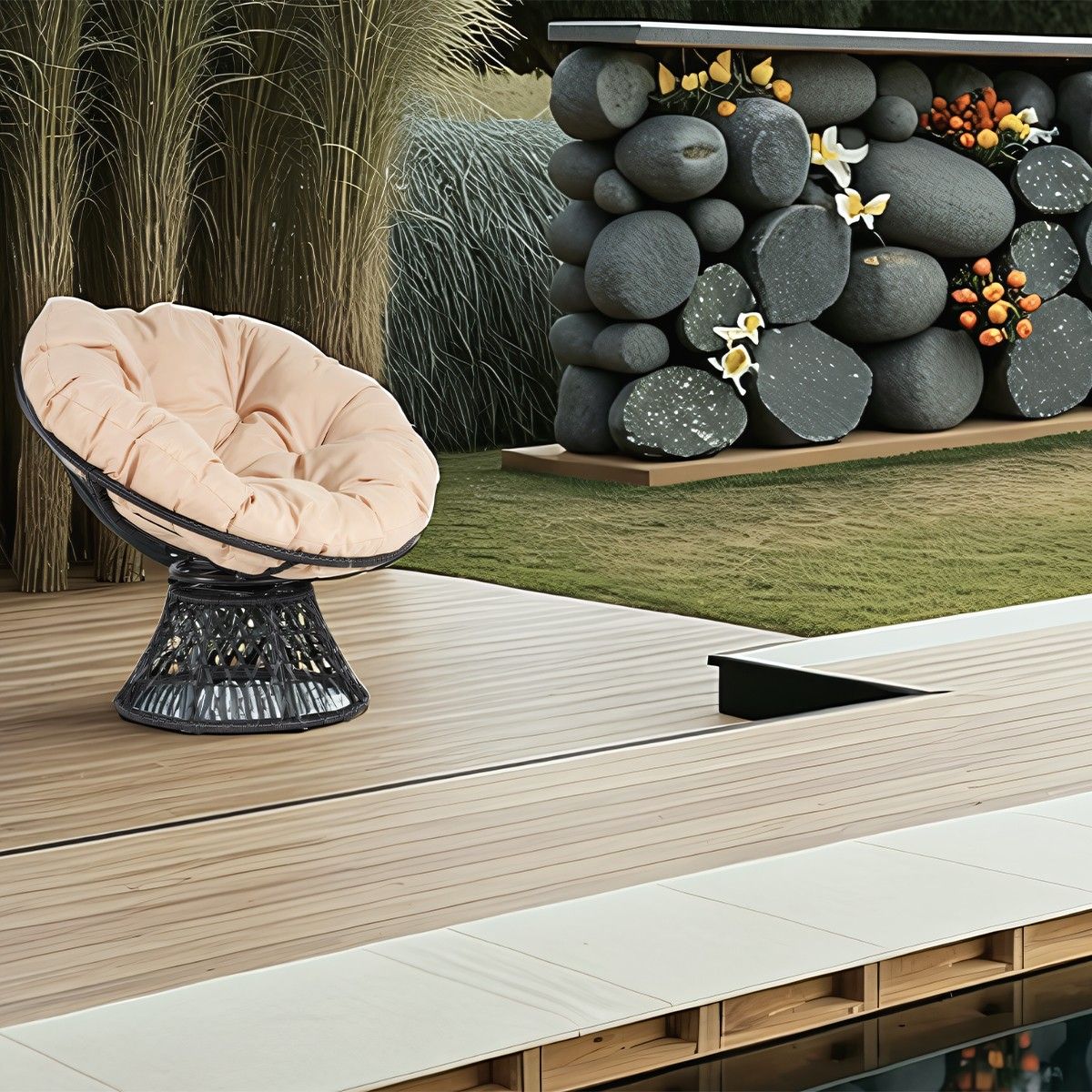 360° Drehbarer Sessel, Terrasse oder Garten, Rattan, inklusive cremefarbenem Kissen, Bamboo