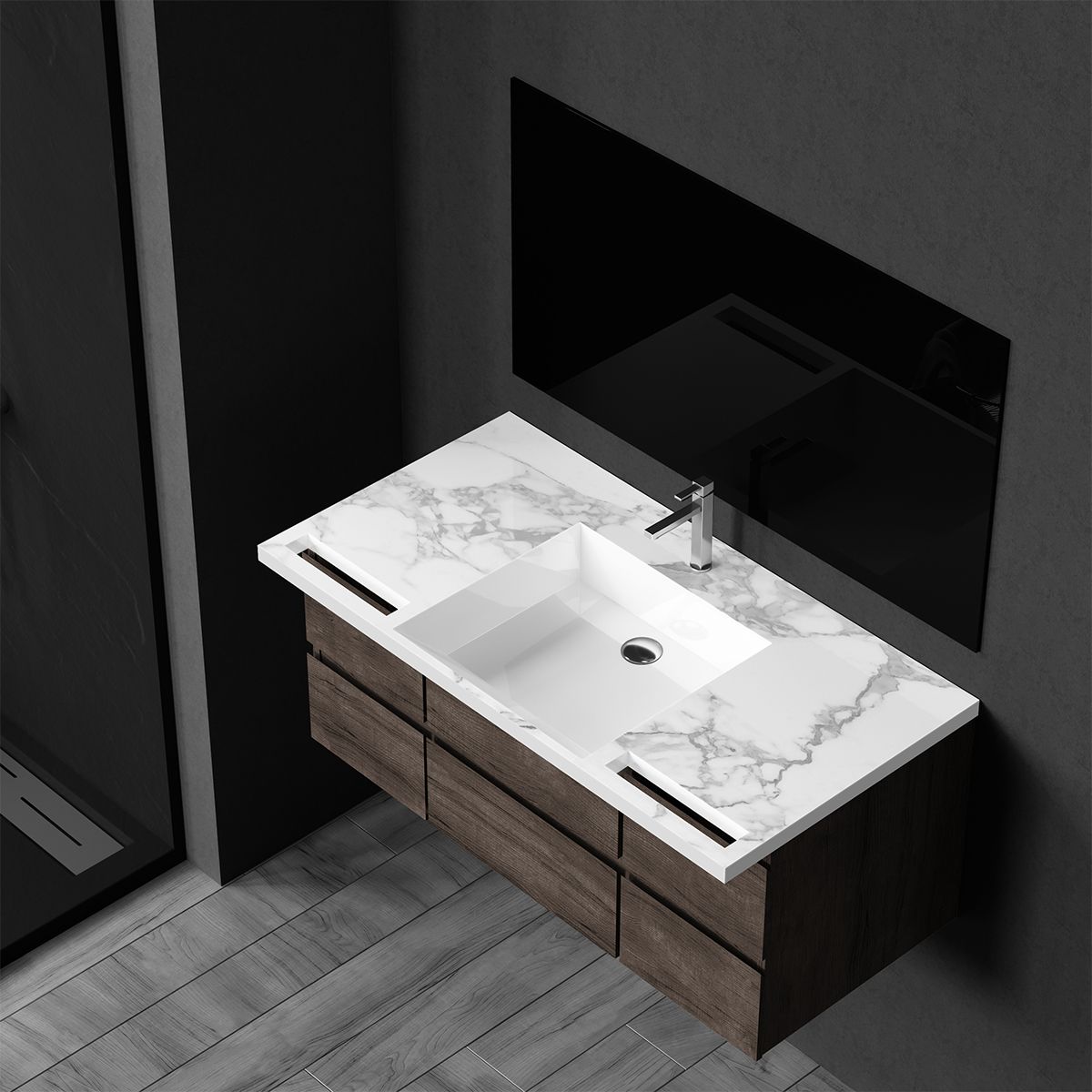 Waschbecken, Weiß Carrara Arabescato Finish, Handtuchhalter, Komposit, Wand- oder Halb-Einbaumontage, 105-125x55 cm, Fuente