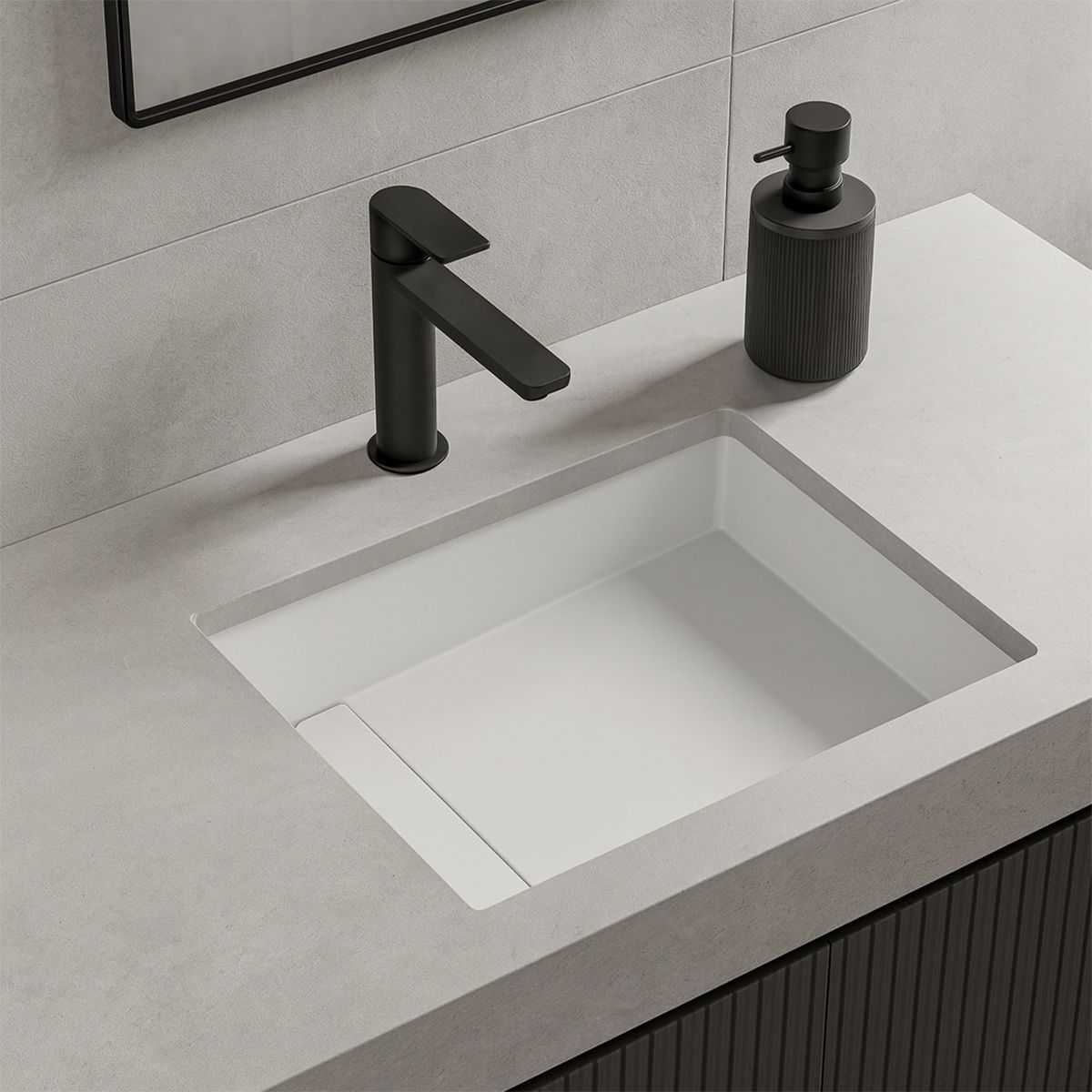 Waschbecken, Mineralverbund, verdeckter Abfluss, Unterbau-Montage, glänzend Weiß, 58-68x45x17 cm, Milo