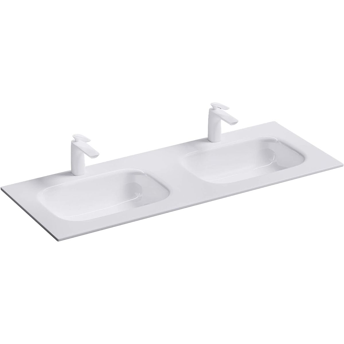 Doppelwaschbecken EGO 04, Hochglanzweiß, 120 x 48 cm, halb-unterbau, Marmor-Verbundwerkstoff, mit zwei Armaturenlöchern