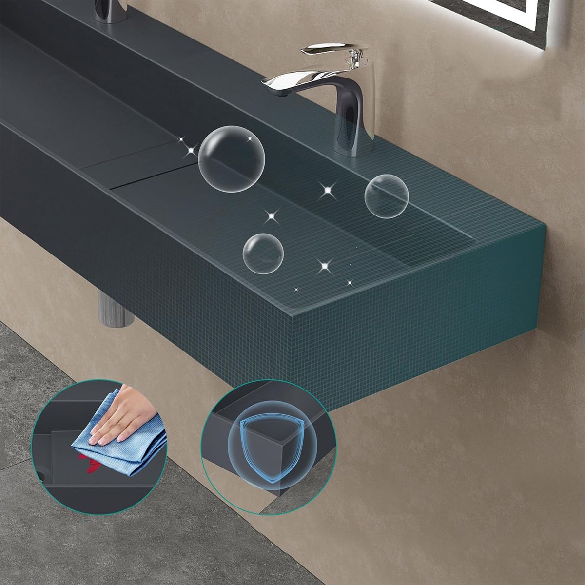 Doppelwaschbecken EGO 6028, versteckter Abfluss, Matt Anthrazit, Marmorkomposit, Aufsatz- oder Wandmontage, 120x40 cm