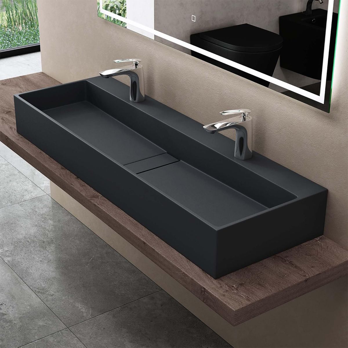 Doppelwaschbecken EGO 6028, versteckter Abfluss, Matt Anthrazit, Marmorkomposit, Aufsatz- oder Wandmontage, 120x40 cm