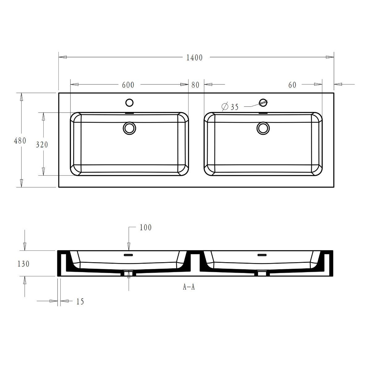 Doppelwaschbecken EGO 830, Weiß, glänzend, 140 x 48 cm, Aufsatz- oder Hängeinstallation, Verbundwerkstoff, zwei Armaturenlöchern