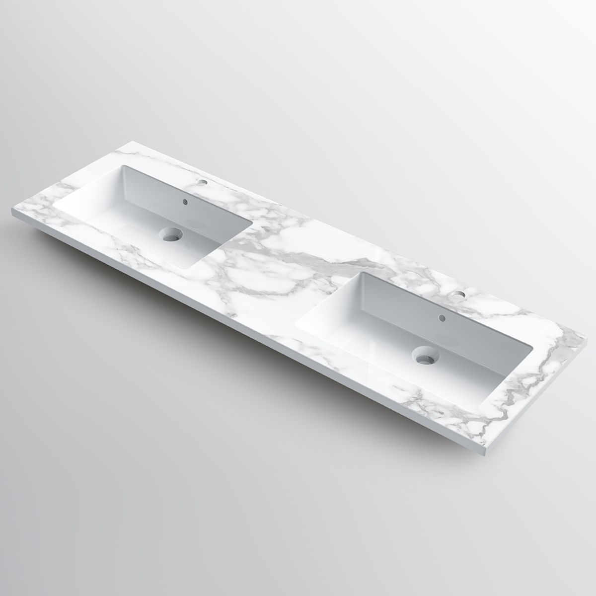Doppelwaschbecken Paola, Weiß Carrara Arabescato Finish, Mineralkomposit, Halb-Einbaumontage, 2 Armaturenlöchern, 150x46 cm