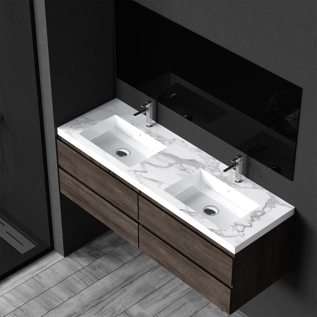 Doppelwaschbecken Paola, Weiß Carrara Arabescato Finish, Mineralkomposit, Halb-Einbaumontage, 2 Armaturenlöchern, 150x46 cm