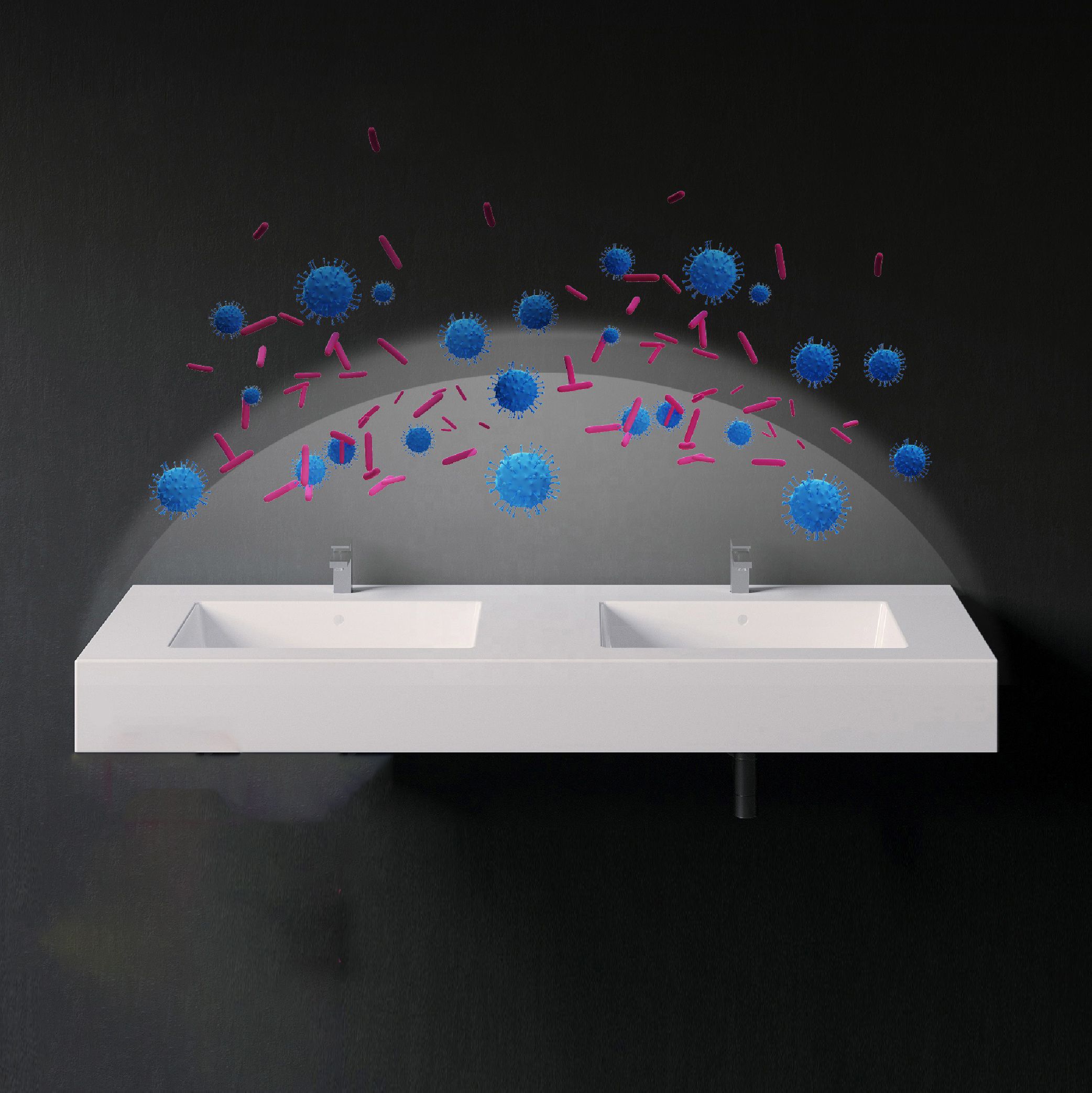 Doppelwaschbecken Paola, Mineralwerkstoff, Halb-Einbaumontage, mit 2 Hahnlöcher, 150x46 cm