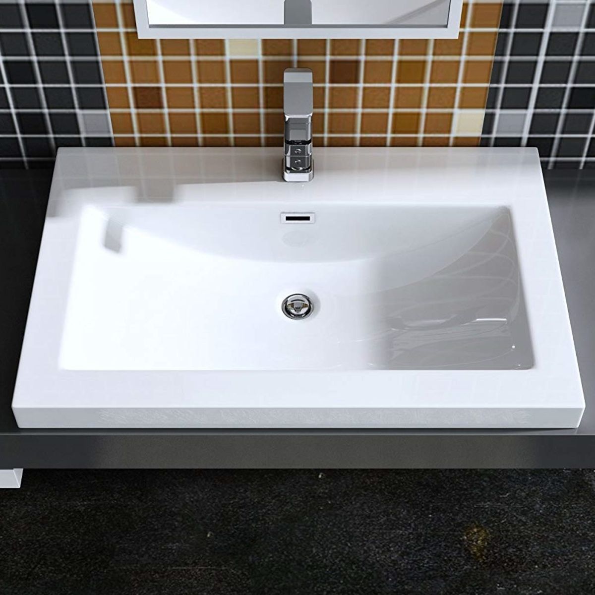 Waschbecken EGO 01, Weiß, glänzend, Größe 76,5 cm, Halbeinbau, Marmorkomposit, mit Hahnloch