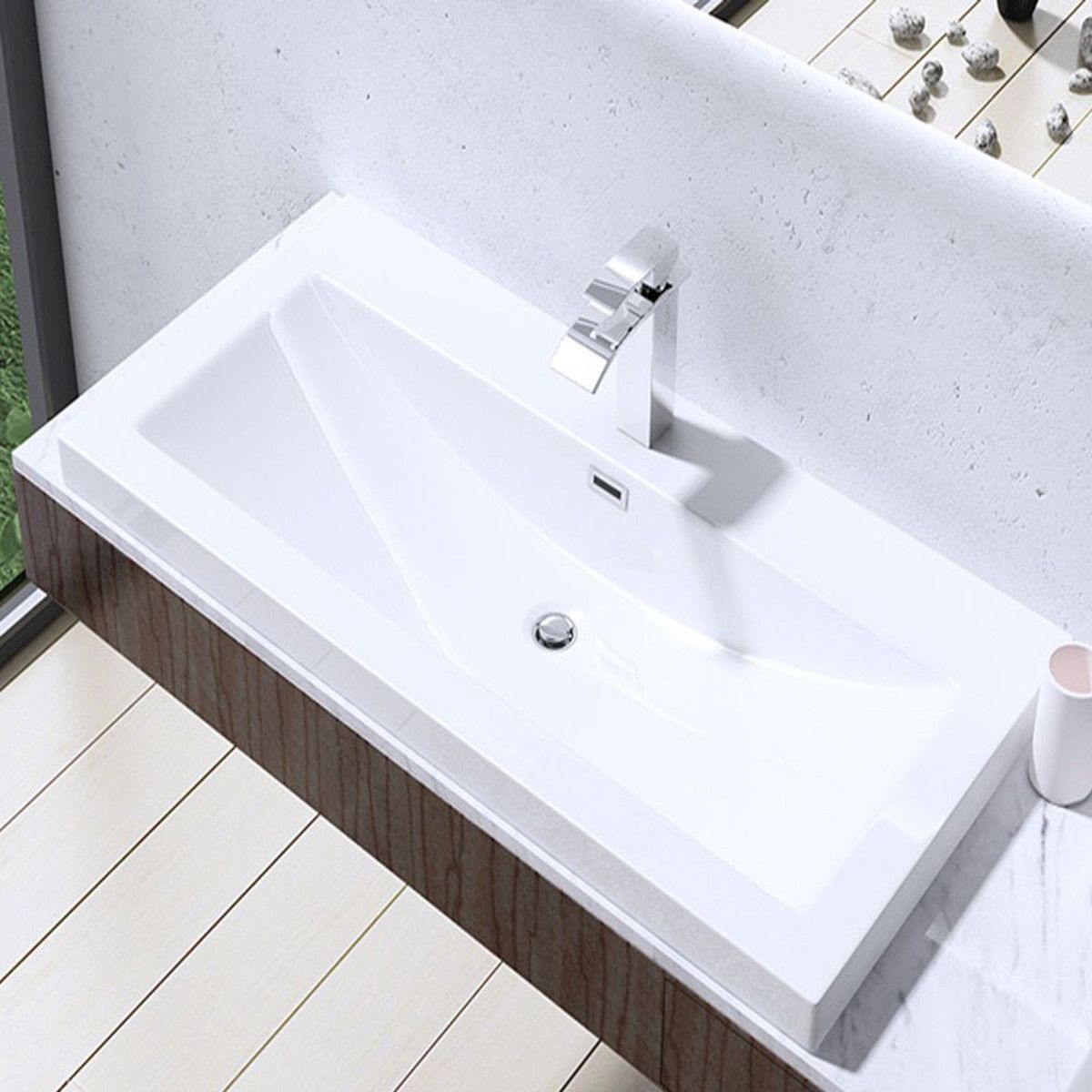 Waschbecken EGO 01, Weiß, glänzend, Größe 76,5 cm, Halbeinbau, Marmorkomposit, mit Hahnloch