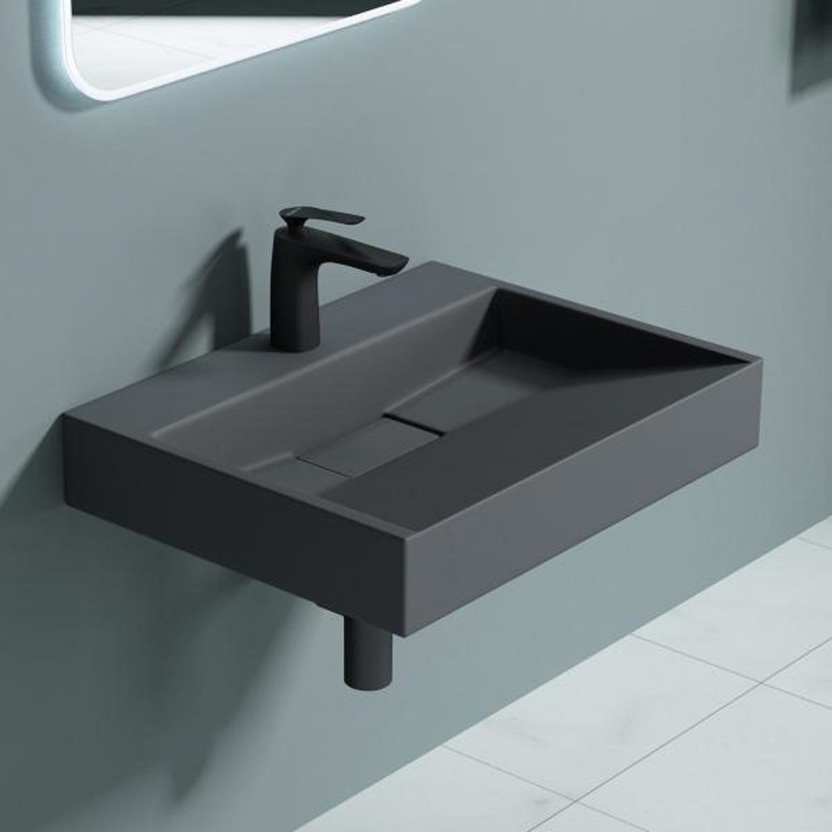 Waschbecken EGO 19, Anthrazit Matt, 50-80 cm, Marmorkomposit, Aufsatz-/Wandmontage, mit Hahnloch
