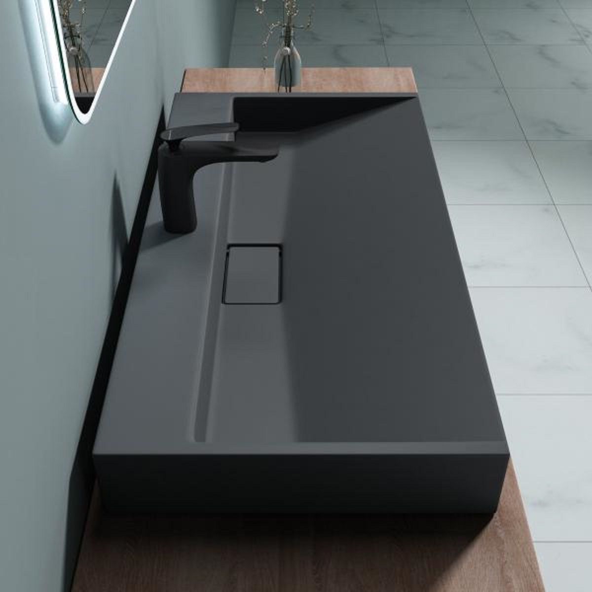 Waschbecken EGO 19, Anthrazit Matt, 50-80 cm, Marmorkomposit, Aufsatz-/Wandmontage, mit Hahnloch