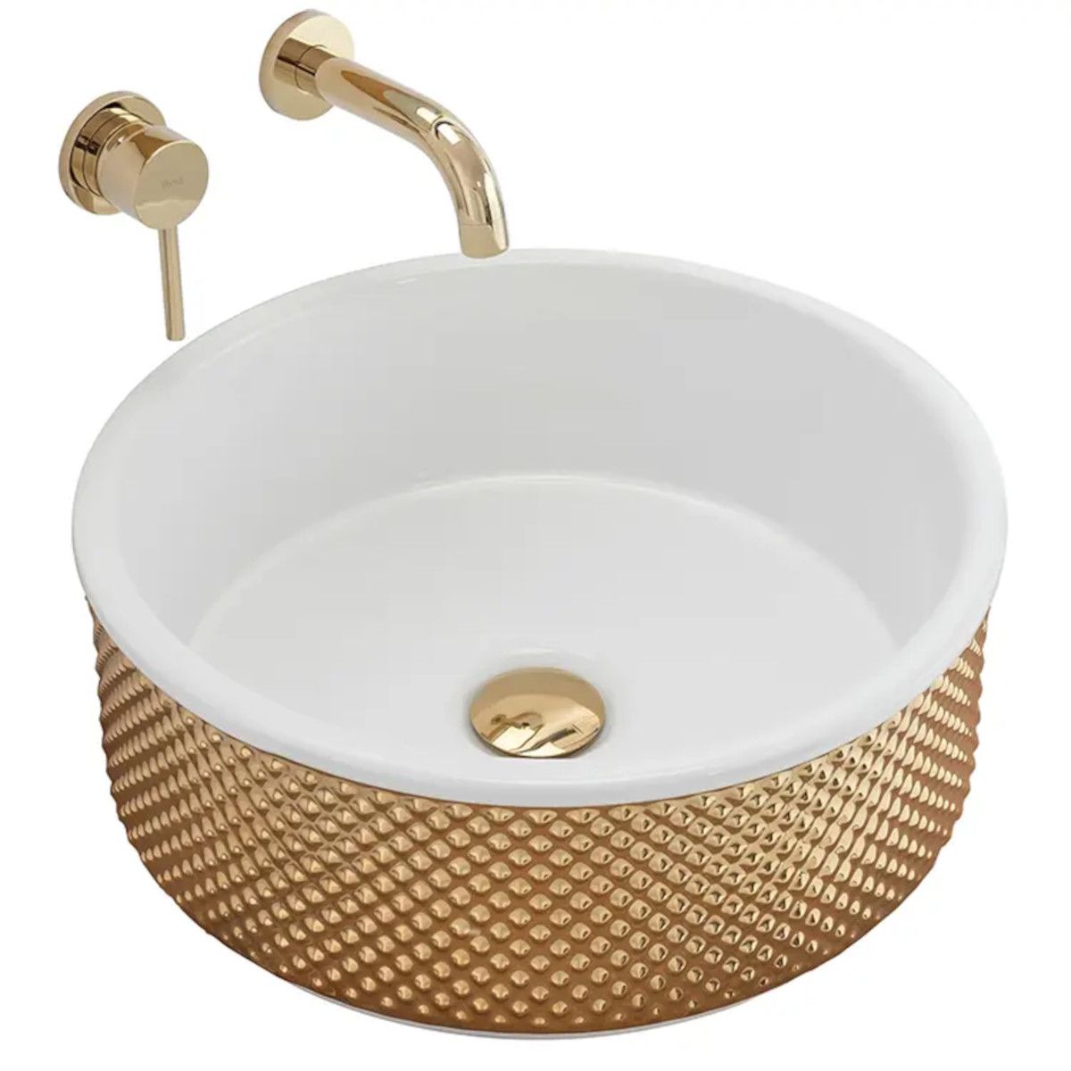 Waschbecken Gino, innen Weiß, außen Gold, Durchmesser 43 cm, Aufsatzmontage, Sanitärkeramik