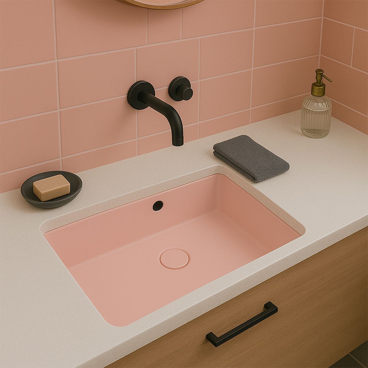 Waschbecken, Lachsrosa Matt, Power Colour, Unterbau-Montage, 70-80x40 cm, Sanitärkeramik, Livia