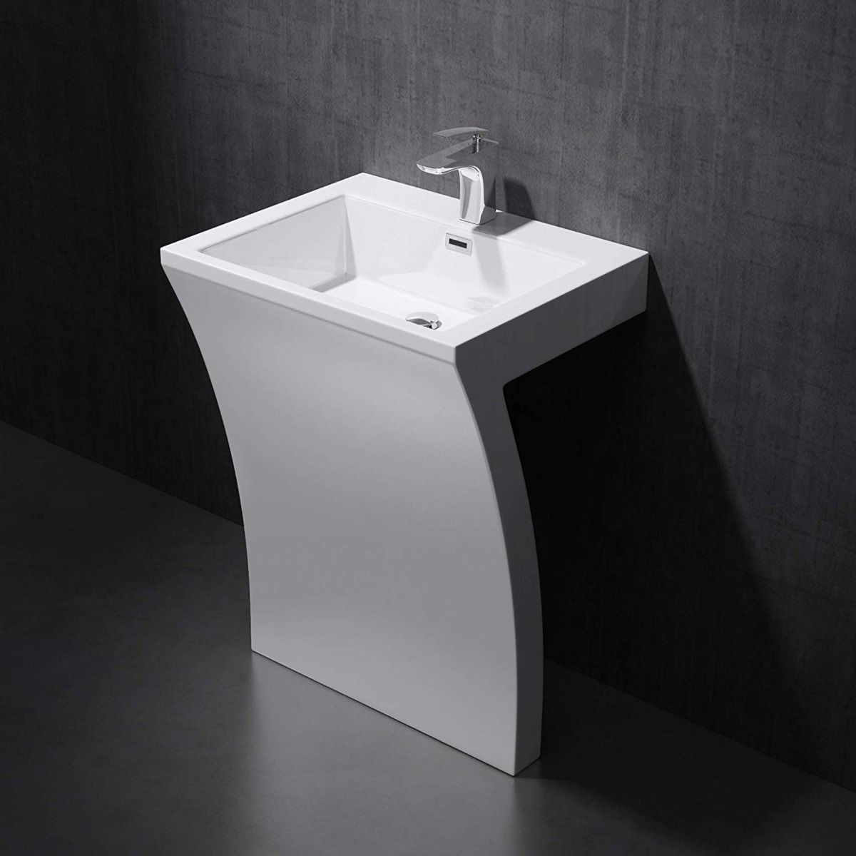 Standwaschbecken EGO 07, Weiß, glänzend, 60x48x83 cm, Bodenmontage, Marmorkomposit, Hahnloch, Überlauf, exklusives Design
