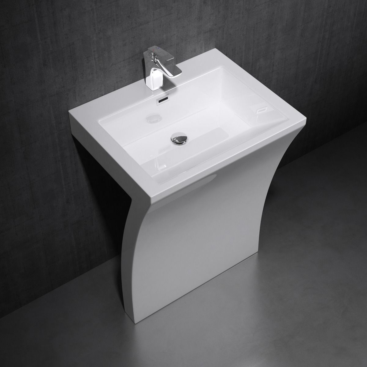 Standwaschbecken EGO 07, Weiß, glänzend, 60x48x83 cm, Bodenmontage, Marmorkomposit, Hahnloch, Überlauf, exklusives Design