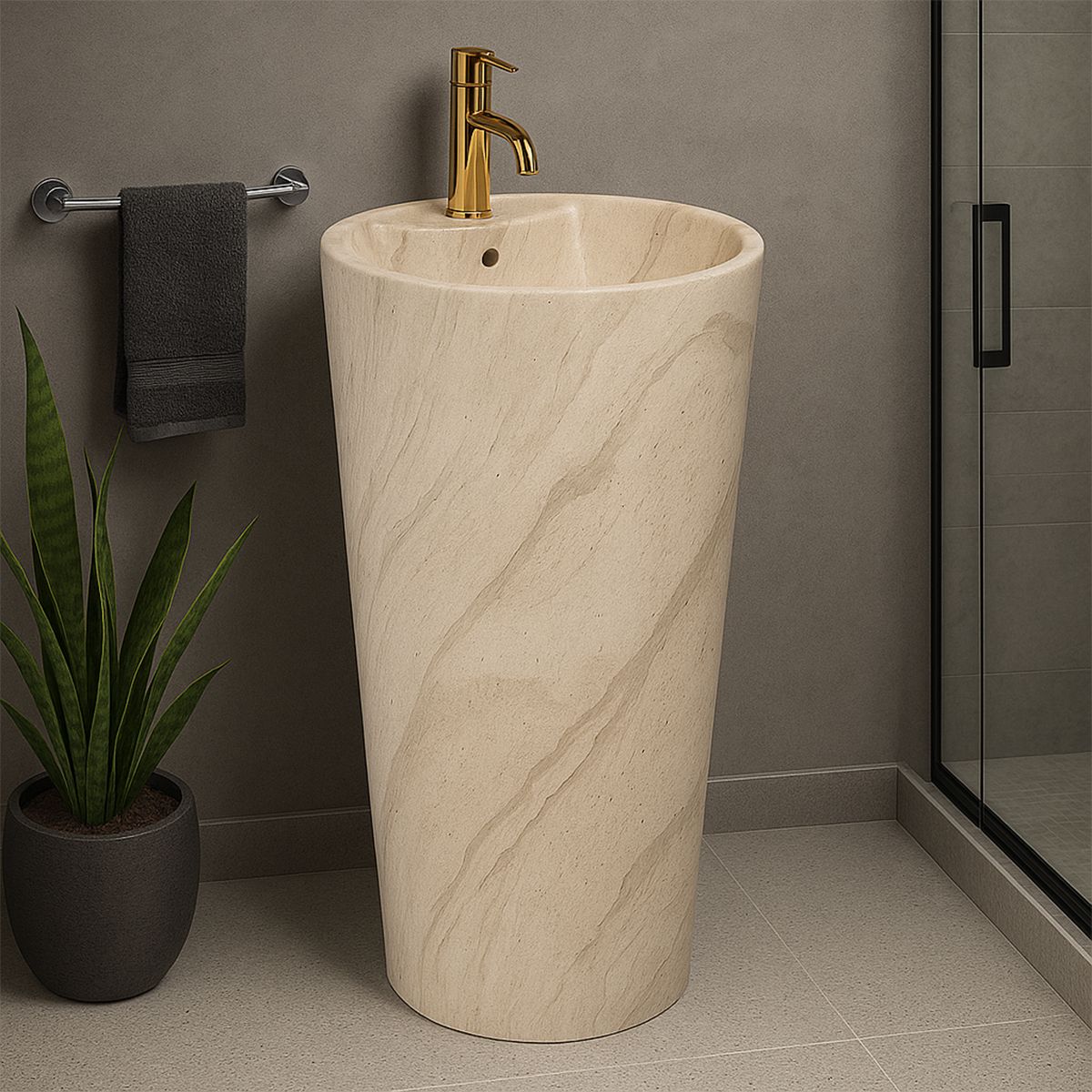 Standwaschbecken, Naturstein-Finish, 39x39x82 cm, Bodenmontage, Sanitärkeramik, Lucia Stone