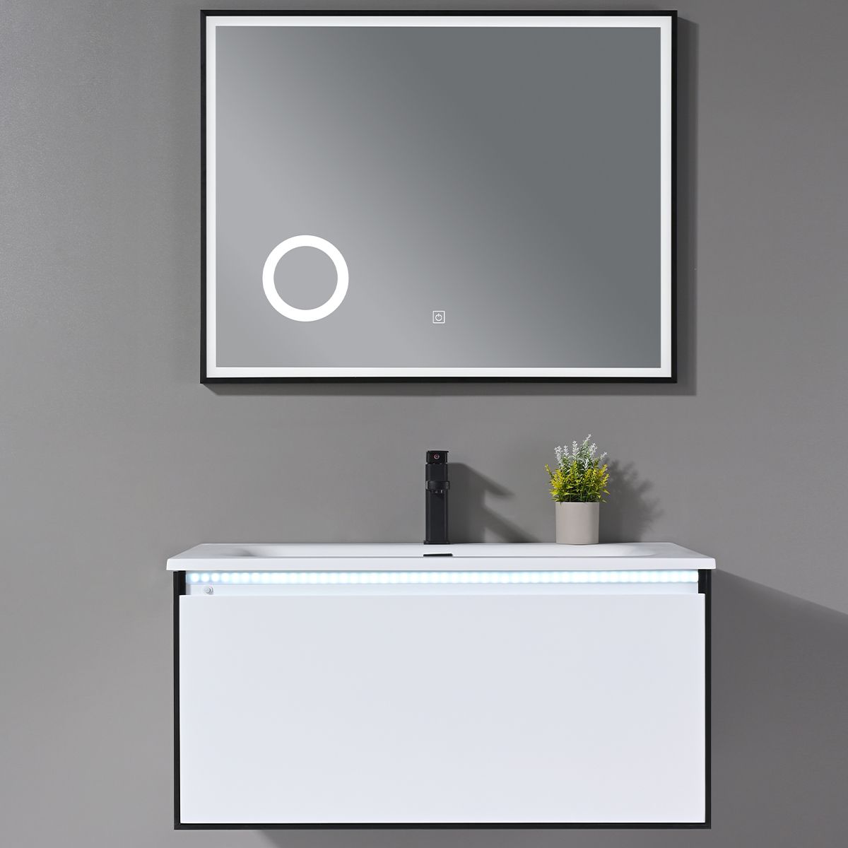 Badezimmermöbel mit Corian-Komposit-Waschbecken, LED-Beleuchtung, Soft-Close-System, Maße: 90 x 52 cm, Halo