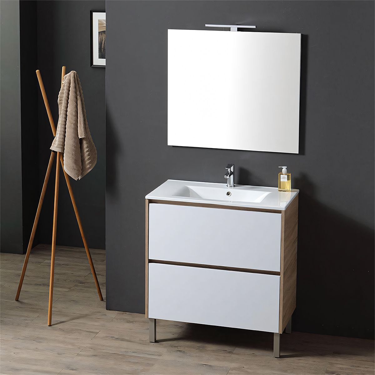Badezimmermöbel mit Waschbecken, Schichtholz, 80x46 cm, 2 Schubladen mit Soft-Close, Weiß Eiche, Costa