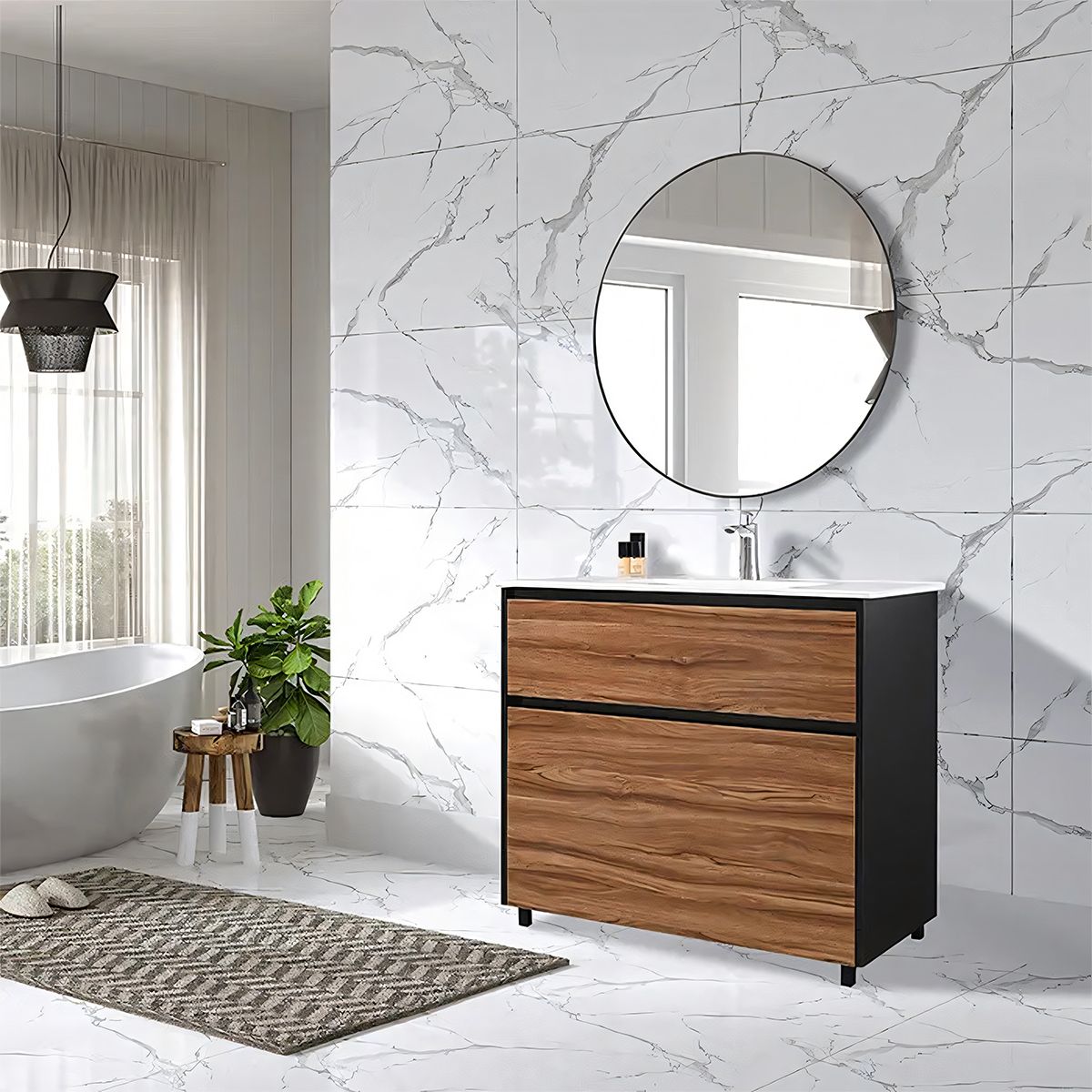 Badezimmermöbel mit Waschbecken, Schichtholz, 100x46 cm, 2 Schubladen mit Soft-Close, Eichen-Finish, Bianca