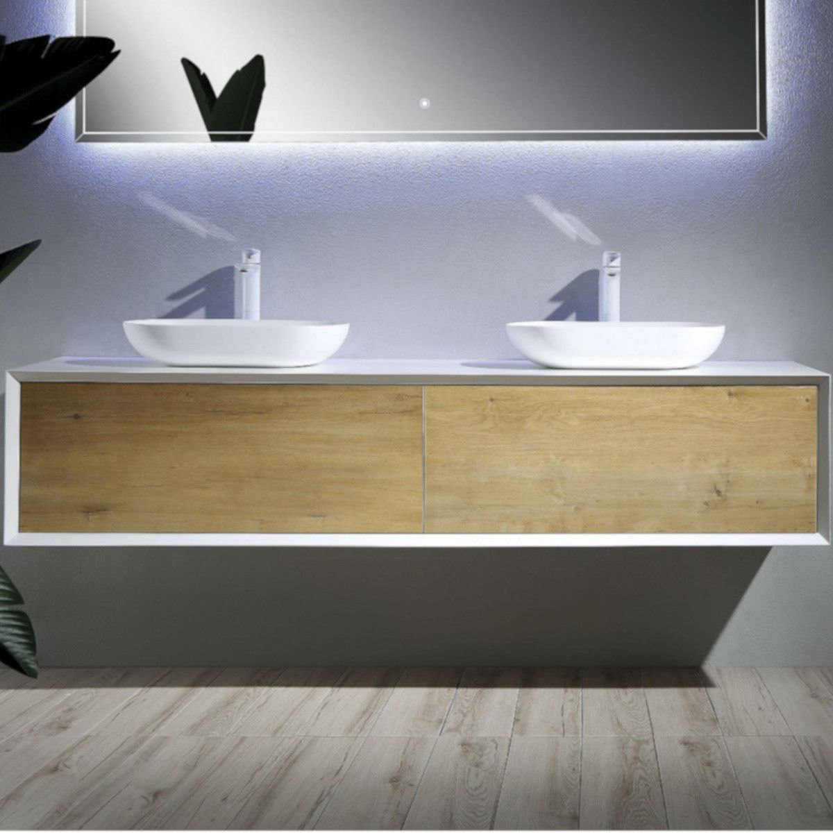 EGO-BELLA Badezimmermöbel aus Mineralguss mit zwei Waschbecken, MDF, 180 x 55 cm, Mattweiß, Push-to-open
