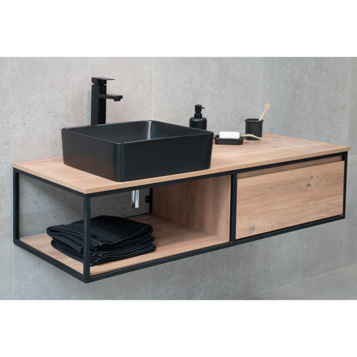 Badezimmermöbel ohne Waschbecken, MDF, Metallrahmen, 120 x 50 cm, Schublade mit Soft-Close, Eiche