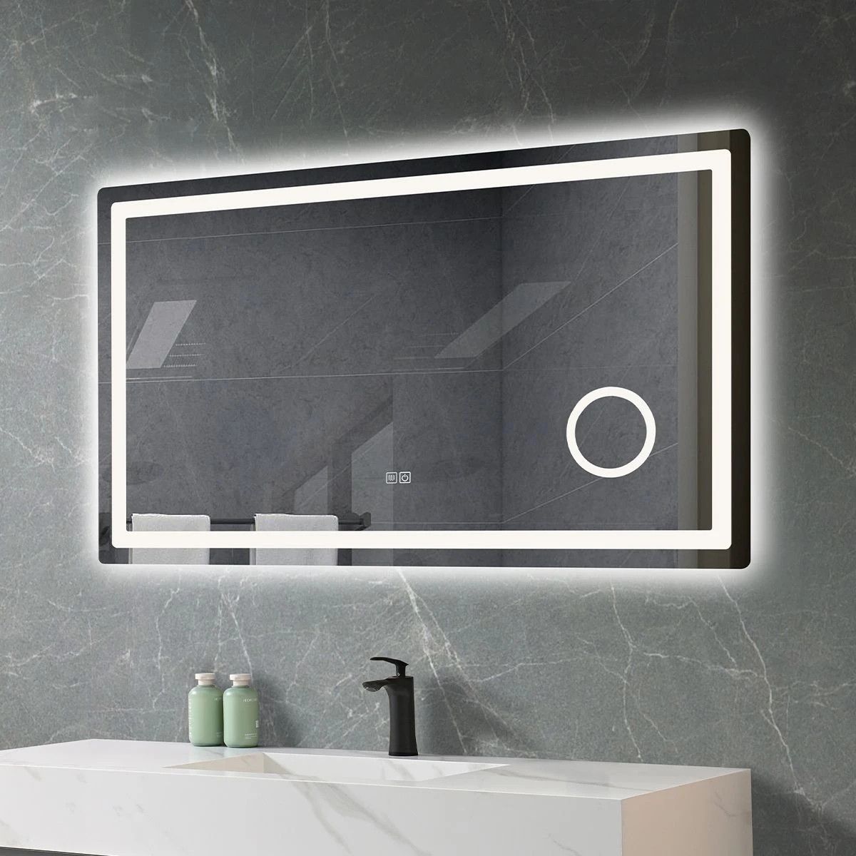LED-Spiegel, mit Kosmetikspiegel, Versandrückläufer, Antibeschlag-Funktion, Touch-Steuerung, 3 Lichtfarben, 5 mm, Maße 100x70 cm, Velora