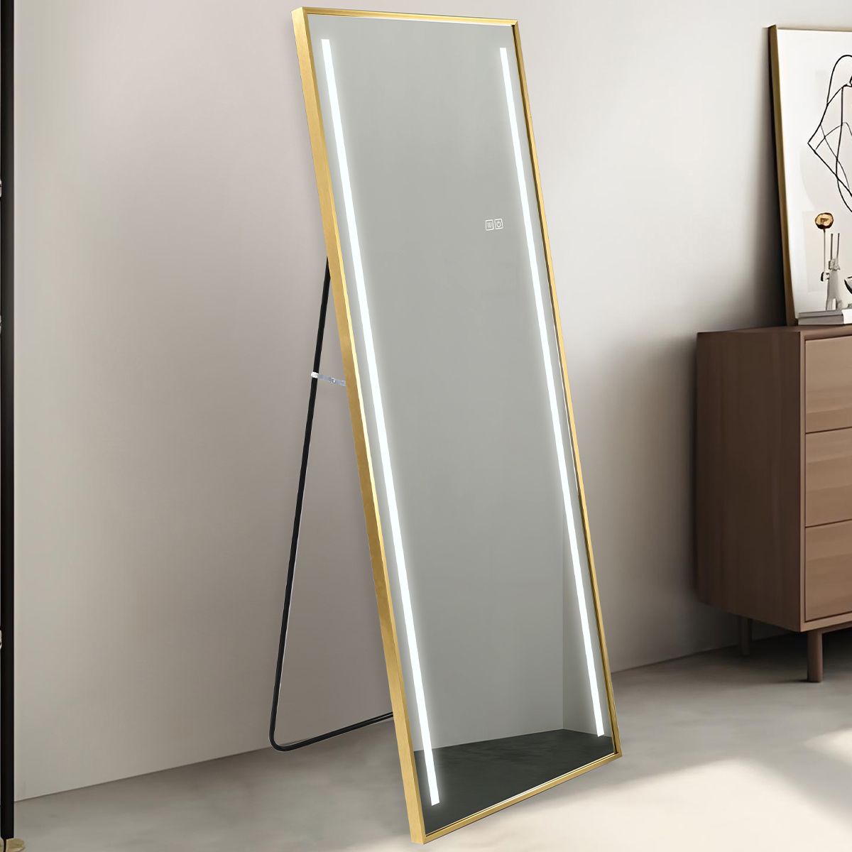 LED-Spiegel, Boden- oder Wandmontage, goldener Rahmen, Touch-Bedienung, 3 Lichtfarben, Anti-Beschlag, 5 mm, 60x165 cm, Mirage
