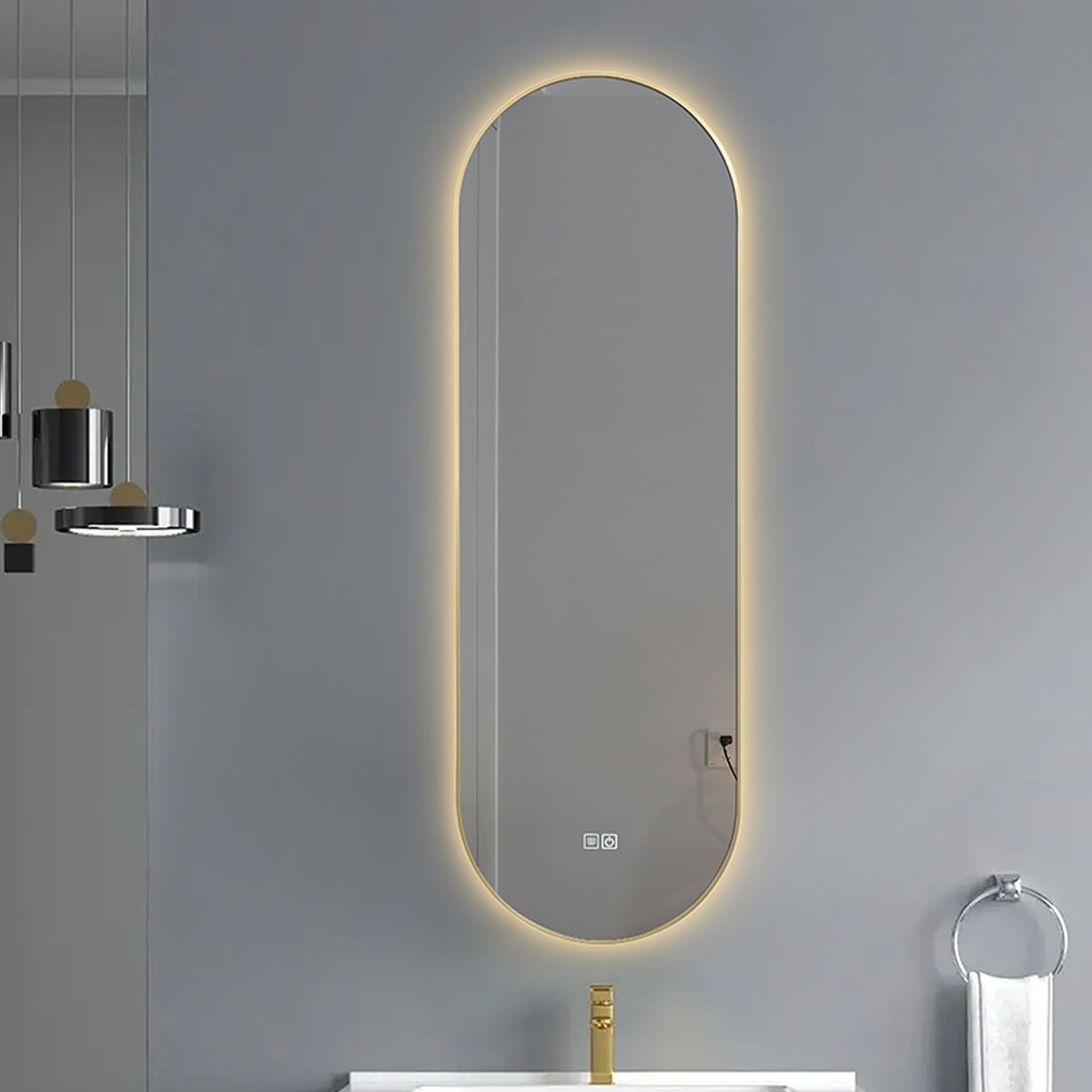 LED-Spiegel, Anti-Beschlag, 3 Lichtfarben, Touch, 5 mm, ultra-schlanker goldener Rahmen, Maße 50x100-40x120 cm, Victoria
