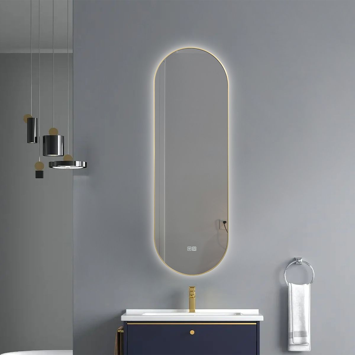 LED-Spiegel, Anti-Beschlag, 3 Lichtfarben, Touch, 5 mm, ultra-schlanker goldener Rahmen, Maße 50x100-40x120 cm, Victoria