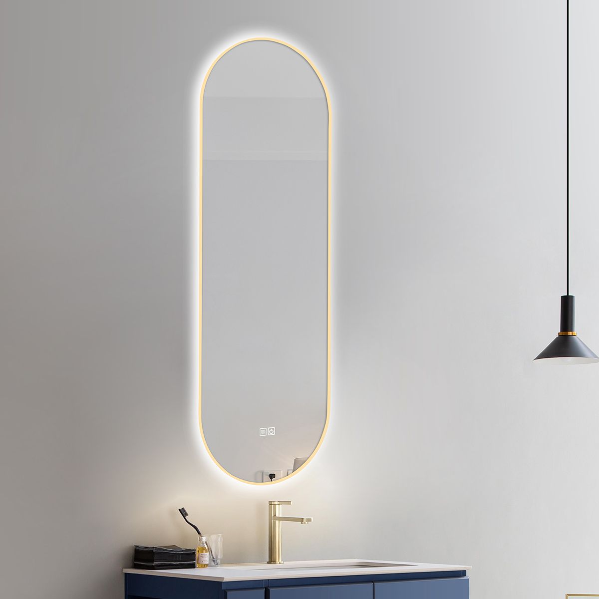 LED-Spiegel, Anti-Beschlag, 3 Lichtfarben, Touch, 5 mm, ultra-schlanker goldener Rahmen, Maße 50x100-40x120 cm, Victoria
