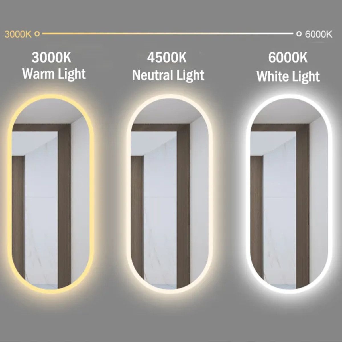 LED-Spiegel, Anti-Beschlag, 3 Lichtfarben, Touch, 5 mm, ultra-schlanker goldener Rahmen, Maße 50x100-40x120 cm, Victoria