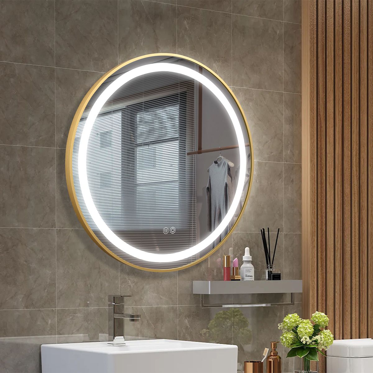 LED-Spiegel, Anti-Beschlag, Touch-Steuerung, goldener Rahmen, 5 mm Glas, 3 Lichtfarben, dimmbar, 80-90 cm, Cezara
