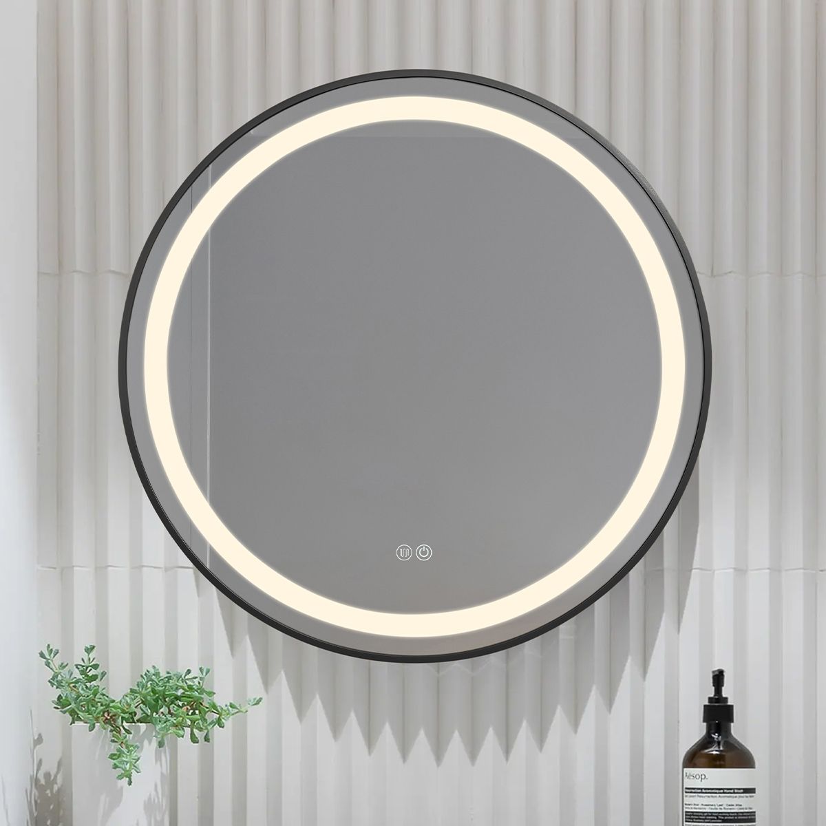 LED-Spiegel, Anti-Beschlag, Touch-Steuerung, schwarzer Rahmen, 5 mm Glas, 3 Lichtfarben, dimmbar, 80-90 cm, Cezara