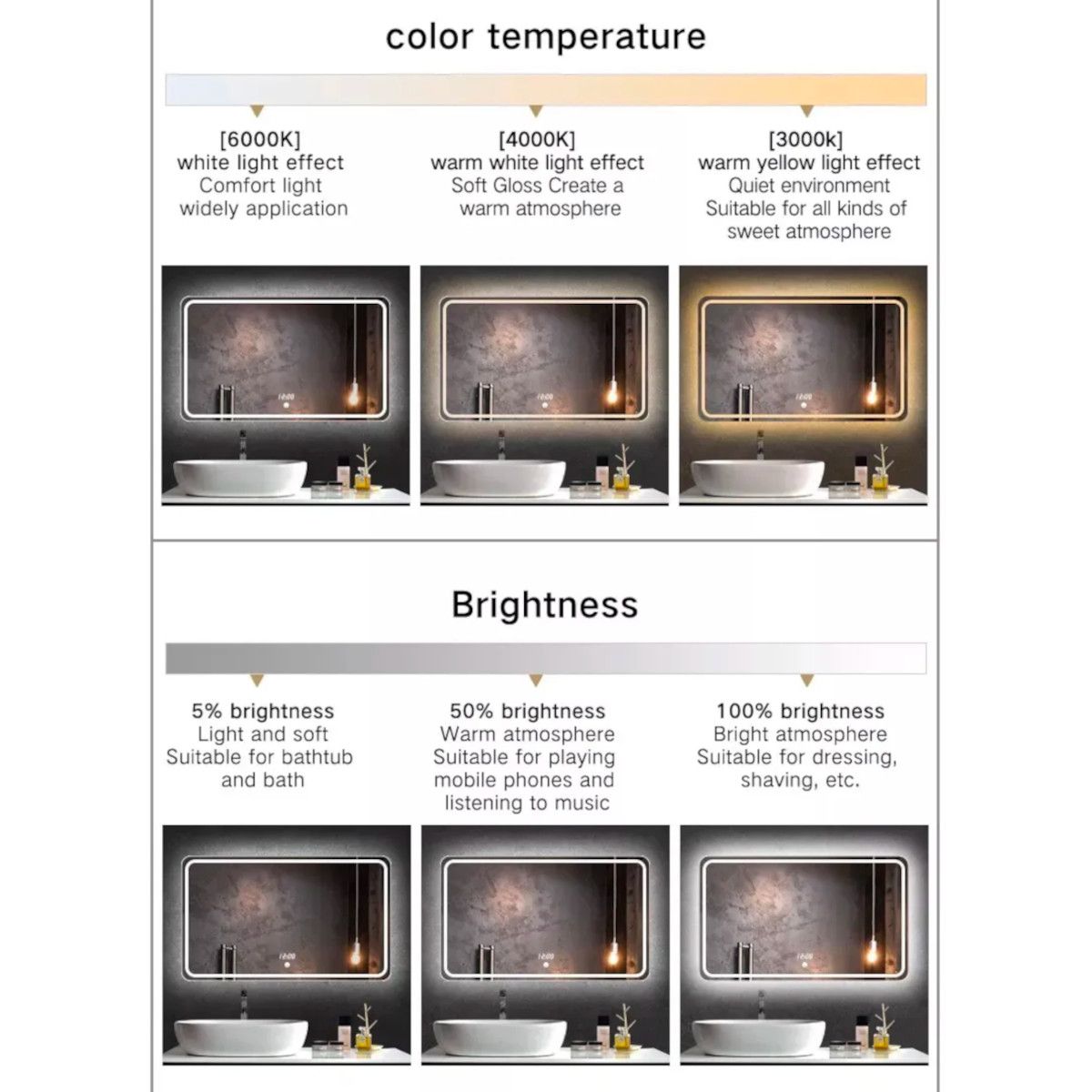 LED-Spiegel, Anti-Beschlag und Touch-Taste, 3 Lichtfarben, Einstellbare Helligkeit, Größen 70, 80, 90 cm, Cezara